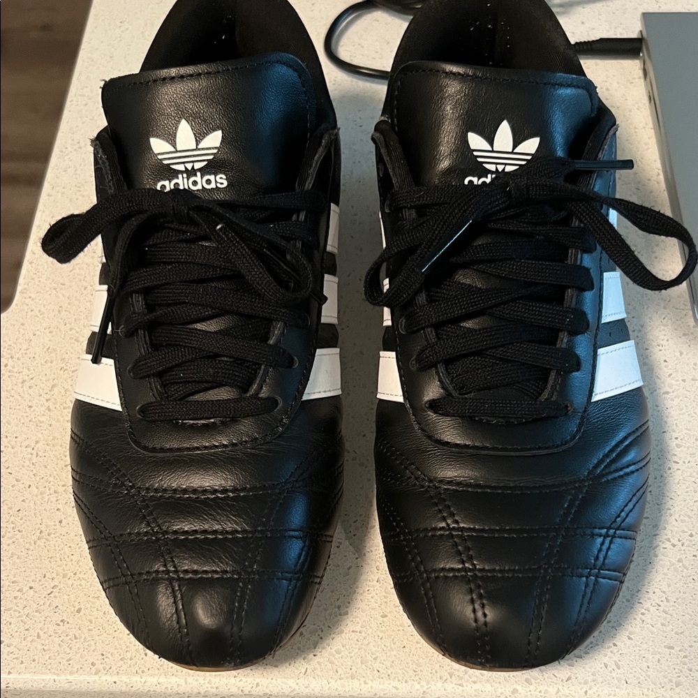 Adidas Men's Black Leather Sneakers with White Stripes